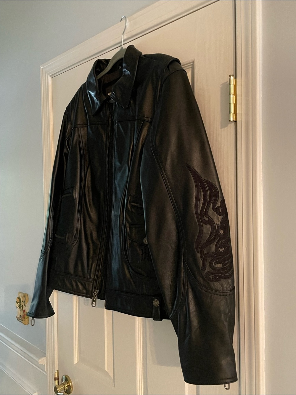 Harley-Davidson Black Leather Bomber Jacket with Sleeve Flame Patch
